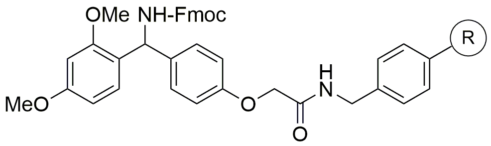 Fmoc-2,4-diméthoxy-4'-(carboxyméthyloxy)-benzhydrylamine liée à une résine aminométhyle