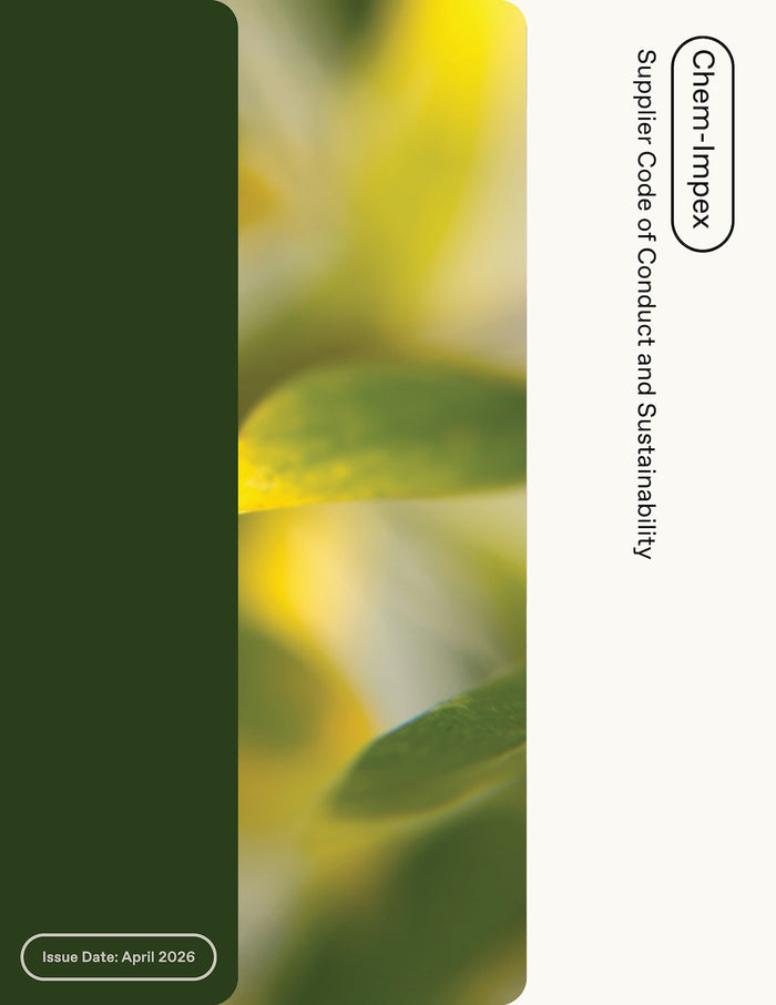 Cover of Chem-Impex Supplier Code of Conduct and Sustainability with green leaves on a blurred background